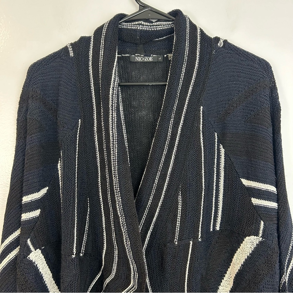 NWT Nic + Zoe Black/Blue/White Striped Open Front Drapey Long Cardigan Large - Picture 2 of 12